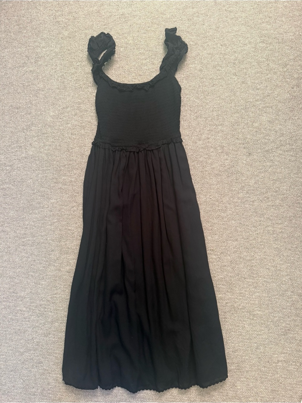 Aritzia Black Smocked Midi Dress with Ruffle Straps